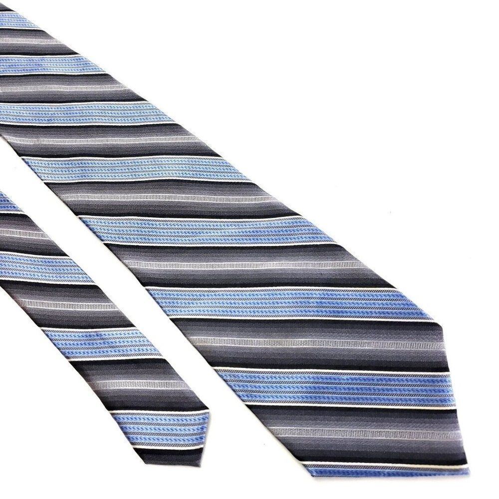 Joseph Feiss International Woven Gray Blue Striped Silk Tie Wide‎